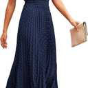 PRETTYGARDEN Summer Long Dresses for Women Puff Short Sleeve V Neck Swiss Dot Pleated A Line Casual Flowy Party Midi Dress (Navy, Large)