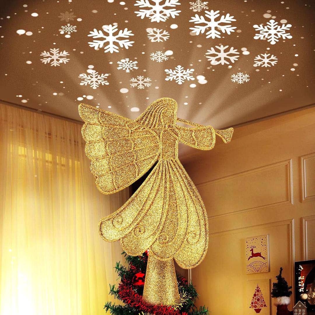 Christmas Angel Tree Topper with Built-in LED Snowflake Projector Lights Hollowed Pentagram Tree Top with Gold Spangles Plated Plug in for Indoor Outdoor Christmas Decorations, Gold