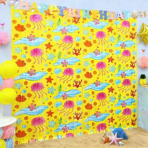 3 x Ocean Themed Birthday Decorations, Cartoon Themed Party Supplies, 2 Pack 3.3 x 6.6ft Starfish Jellyfish Pattern Tinsel Foil Fringe Curtains Birthday Photo Booth Prop Backdrop for Kids