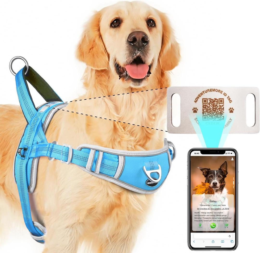 ADVENTUREMORE Small Dog No Pull Harness with QR Code Tag, Adjustable Reflective Vest, Escape Proof with Front Clip Handle for Training Walking - Light Blue