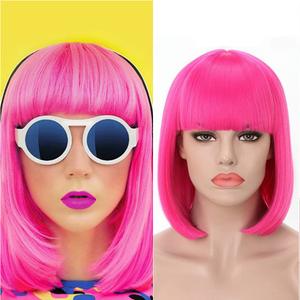Rosa Star Short Bob Hot Pink Wig with Bangs Women's Straight Synthetic Hair Wigs for Halloween Comic-con Costume Anime Cosplay Party