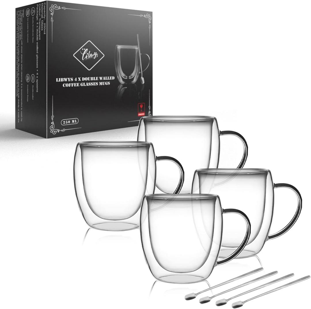 LIBWYS 4 Pack 250ml Double Walled Glass Coffee Mugs with 4 Spoons, Cappuccino Latte Tea Cups with Handle, Heat Resistant Drinking Glasses