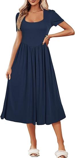 Newshows Women's Summer Square Neck Ribbed Knit Short/Long Sleeve A Line Flowy Midi Dress with Pockets, Small, Navy Blue