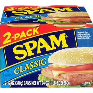 SPAM Classic, 12 Ounce Can (2 Pack), Fully Cooked Pork, 0g Trans Fat, Low Carb, Keto-Friendly, Gluten Free, Easy Open SPAM Canned Meat, for Sandwiches & Breakfast (EXP 08/01/28)