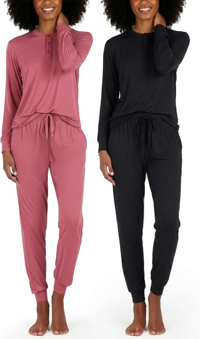 Real Essentials 2 Pack: Women's Soft Long Sleeve Sleep Set - Comfortable Lounge Pull Over Hoodie and Henley Jogger