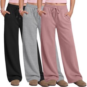 Oakgarden 3 Pack Girls' Wide Leg Sweatpants Drawstring Baggy Pants Teen Casual Loose Athletic Joggers with Pockets (Black, Light Heather Gray, Light Pink, 9-10 Years)