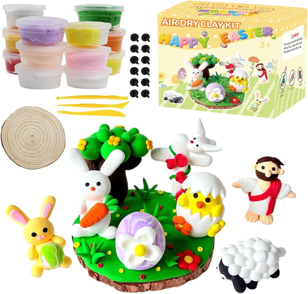 LAHAND Easter Air Dry Clay Kits for Kids,DIY Model Magic Clays,JesusBunnyEggs Craft DIY kit, This Clay Sets Can be Used as Easter Basket Stuffing or Classroom Party Favors