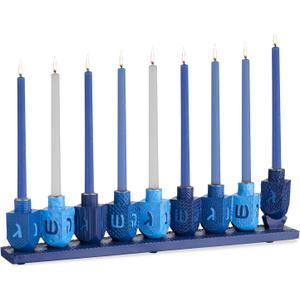 Rite Lite Blue Dreidels Menorah Modern Hanukkah Centerpiece Jewish Holiday Party Favor Decor | Resin Fits Most Chanukah Candles, Elegant Judaica Dcor Festival of Lights Hostess Gifts 11.50" H