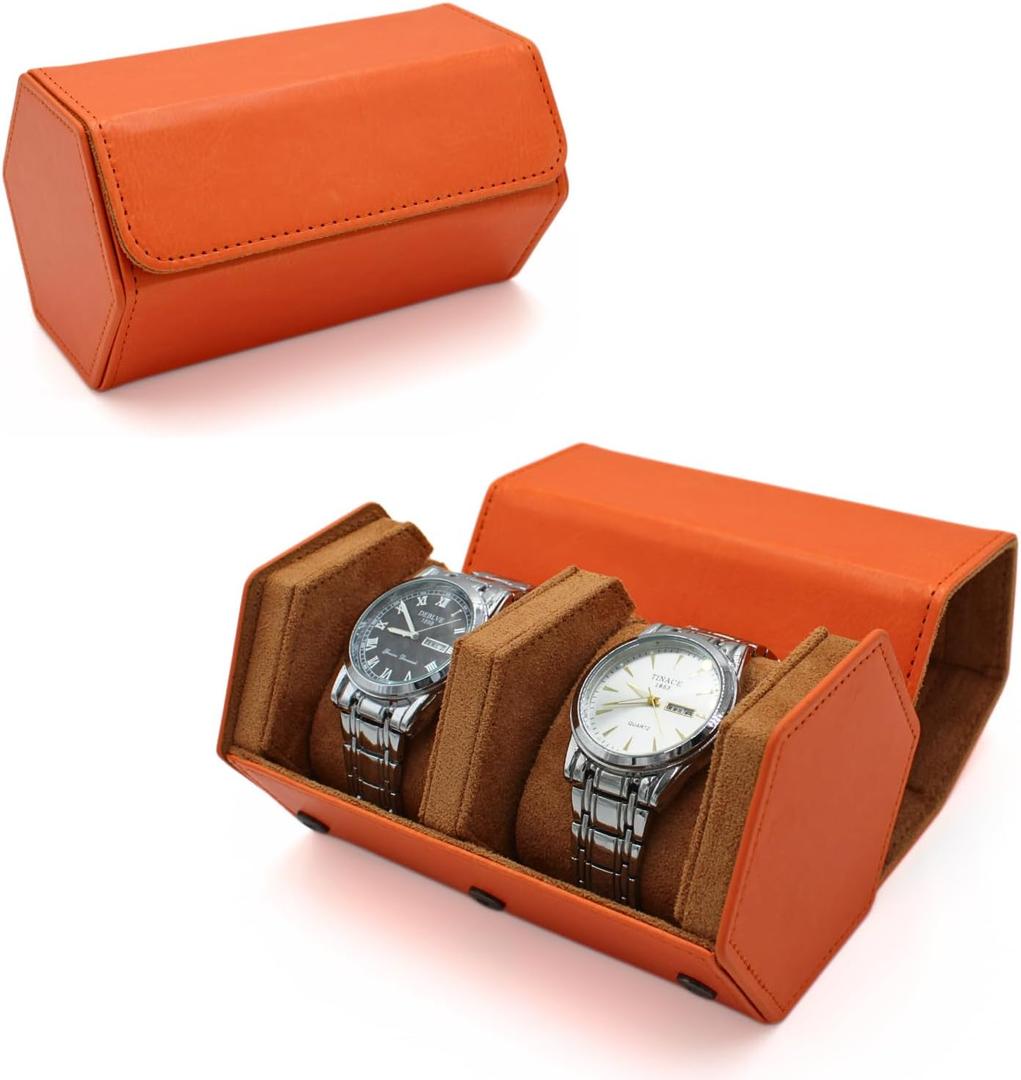 Watch Travel Hexagon Case Portable Organizer - Luxury Watch Hexagon Travel Box Recycled Leather Storage and Display for Men and Women(2Slot-Orange)
