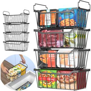 Goovilla Freezer Organizer Bins with Foldable Handle, 8 Pack Stackable Freezer Baskets for 3.5-7 Cu.FT Deep Chest Freezer Organization, Coated Metal Freezer Storage Bins with Better Space Utilization (Black)