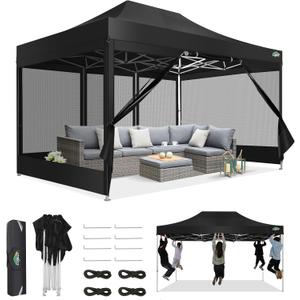 COBIZI 10x15 Canopy Tent, Heavy Duty Pop up Canopy with Sidewalls, Waterproof Easy Setup Canopy with Mosquito Netting, Outdoor Instant Screen Tents for Parties, Wedding, Backyard with Carry Bag, Black