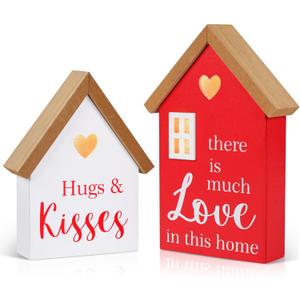 Valentine's Day Wooden Cottage Decor SetRustic Farmhouse"Hugs & Kisses"and"Love in This Home" Signs, Romantic Table Top Decoration for Tiered Tray, Shelf, Mantel, or Bedroom