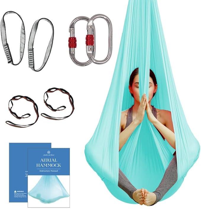 Aerial Silk Yoga Hammock & Swing for Home, Inversion Exercises, Starter Kit for All Levels - Durable with Extension Straps, Carabiners, and Pose Guide