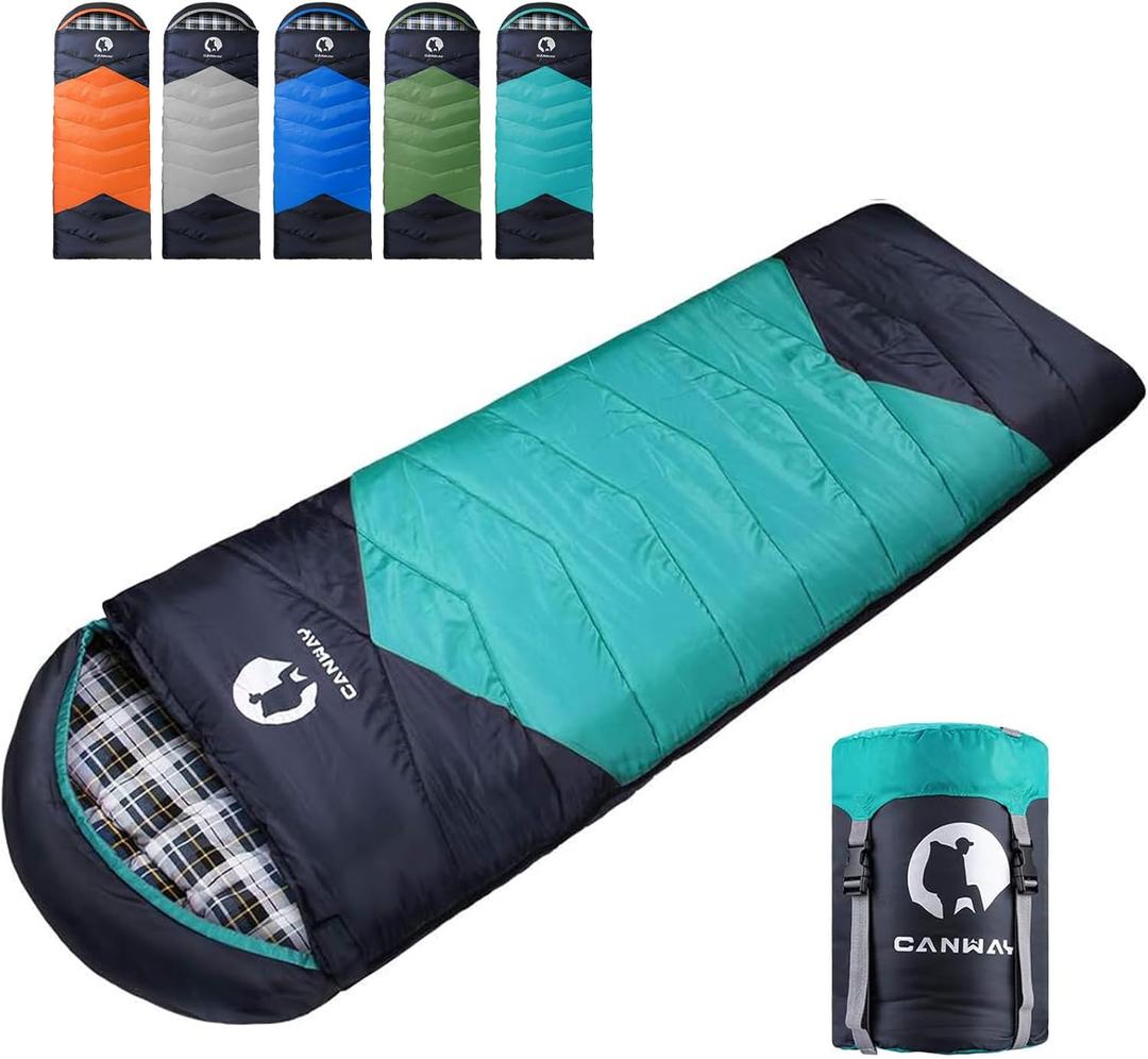 CANWAY Flannel Sleeping Bag for Adults Kids Girls Boys Camping Backpacking Sleeping Bag for Cold & Warm Weather with Compression Sack (Cyan)