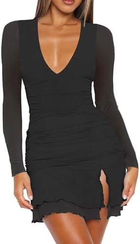 Mizoci Women's Sexy Long Sleeve Deep V Neck Mini Dress Ruched Ruffle Slit Bodycon Party Short Dresses, L
