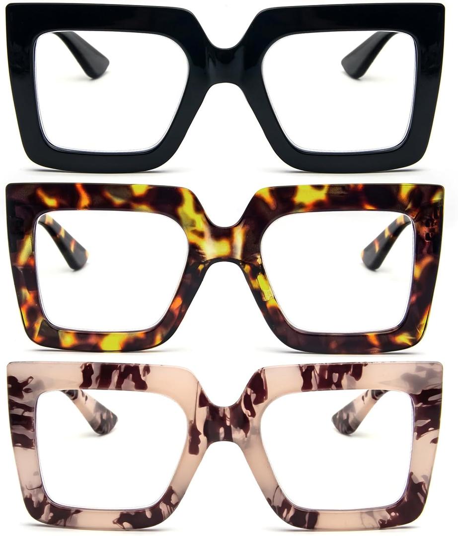 3 Pack Oversized Thick Frame Reading Glasses for Women,Stylish Square Large Readers Blocking Blue Light Glasses