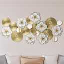 Briwooody Metal Flower Wall Decor Ivory Metal Plates Mirror Wall Art Rustic Modern Floral Sculpture Floral Blossom Sculpture for Bedroom Living Room Dining Room(Gold,Flower)