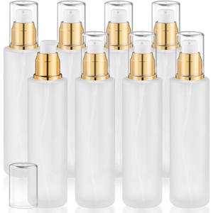 8 Pcs 120ml/4oz Frosted Glass Bottles Refillable Pump Dispenser Jar Travel Lotion Vials with Plastic Pump Head for Toiletry Liquid Foundation Cream Cosmetic Samples - Gold