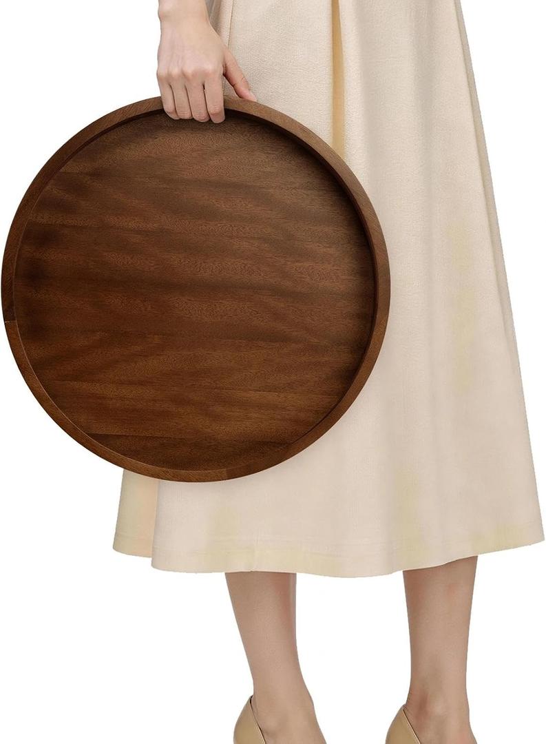 MAONAME Extra Large Ottoman Tray, 16" Round Black Walnut Wood Serving Tray