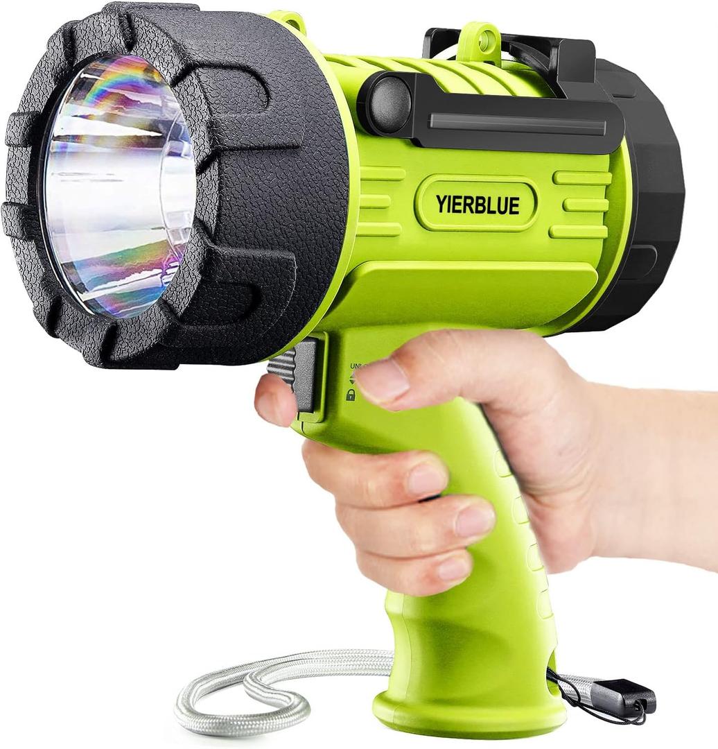 YIERBLUE Rechargeable Spotlight Flashlight with 1500 Lumen LED, IP67 Waterproof Long Running Spot Light searchlight, Impact Resistant Handheld Spotlight with Foldable Stand and Detachable Red Lens