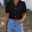 Women Lace Tops Summer V Neck Dressy Casual Button Down Blouses Ruffle Short Sleeve Business Work Shirts (Black, M)