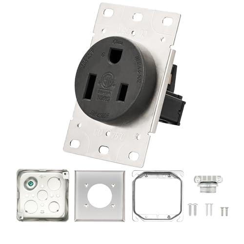 PLUGTUL 50 Amp Receptacle Outlet with Square Cover Plate, NEMA 6-50R, 250V Outlet, Flush Mounting, Straight Blade, Industrial Grade, 30 Amp, ETL Listed