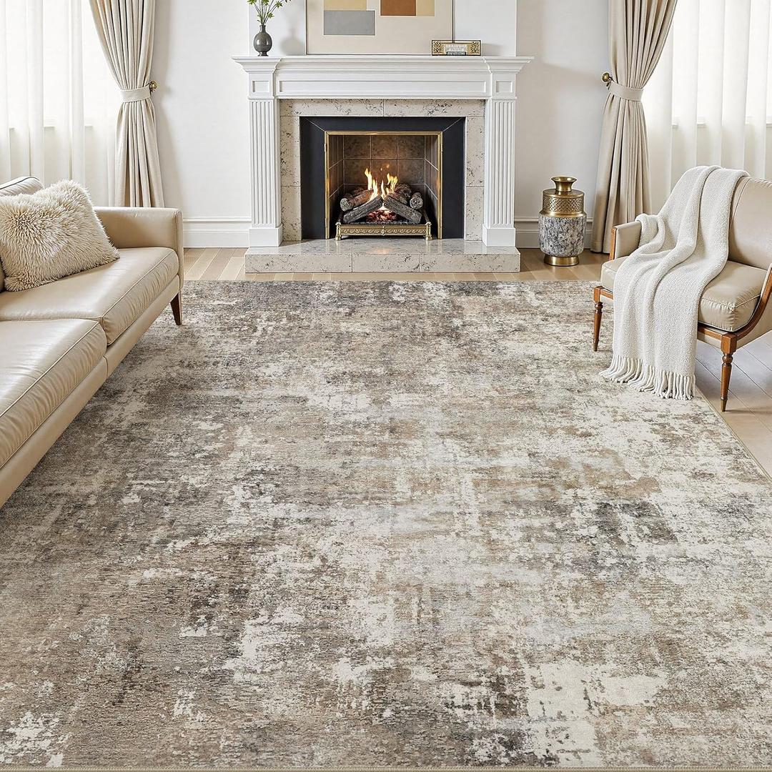 Area Rugs 9x12 Living Room: Washable Large Abstract Modern Neutral Rugs Soft Non Slip Stain Resistant Low Pile Carpet for Bedroom Dining Nursery Home Office Room Home Decor - Brown Grey