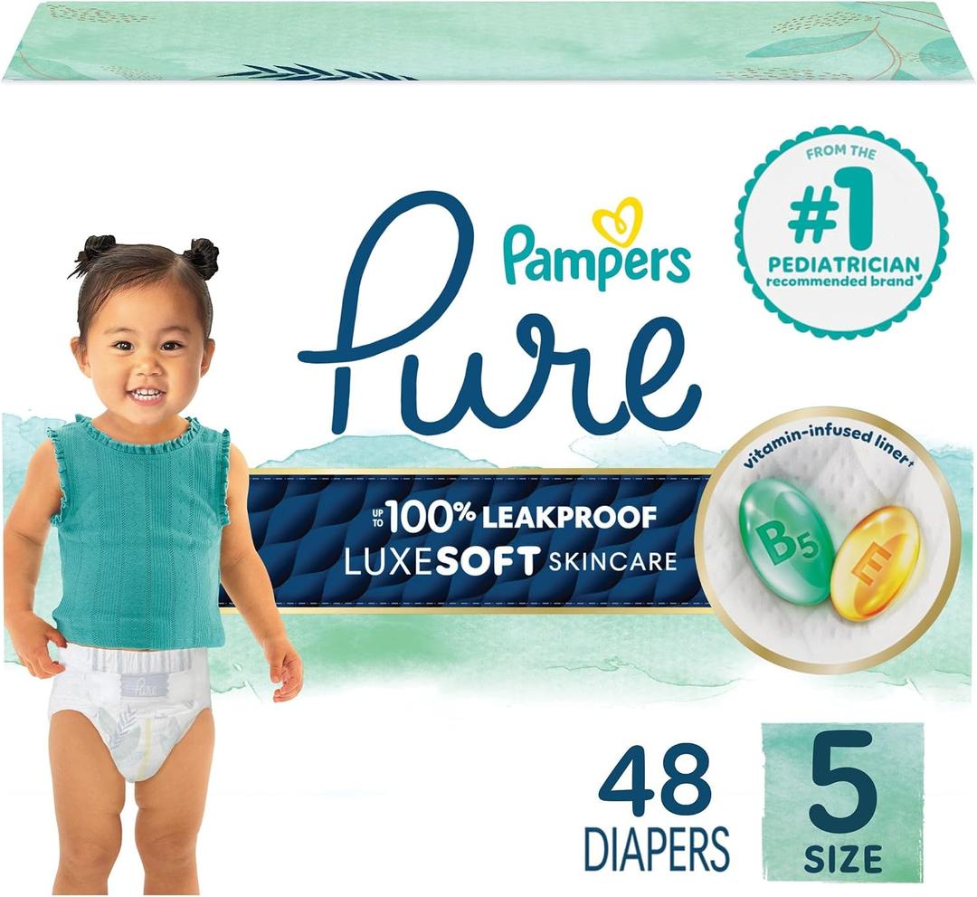 Pampers Pure Baby Diapers, Size 5 (27+ lbs), 48, Up to 100% Leakproof, Premium Hypoallergenic Soft Diapers