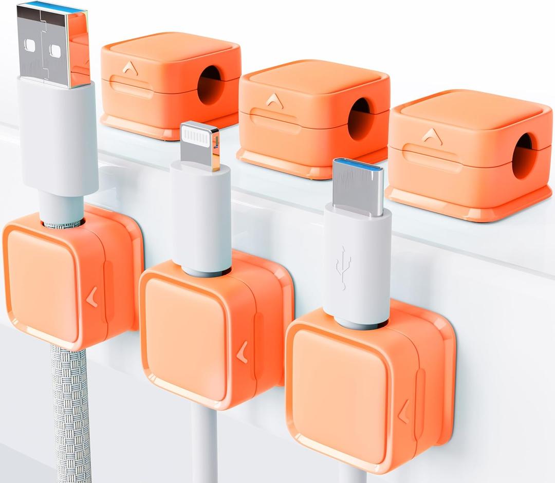 2 x Magnetic Cord Organizer Holder, 6 Pack Desk Cable Clips Management, Hide Phone Charging Cable Keeper, Strong Adhesive Wire Charger Holder for Nightstand, Kitchen Appliances, Office Supplies (Orange)