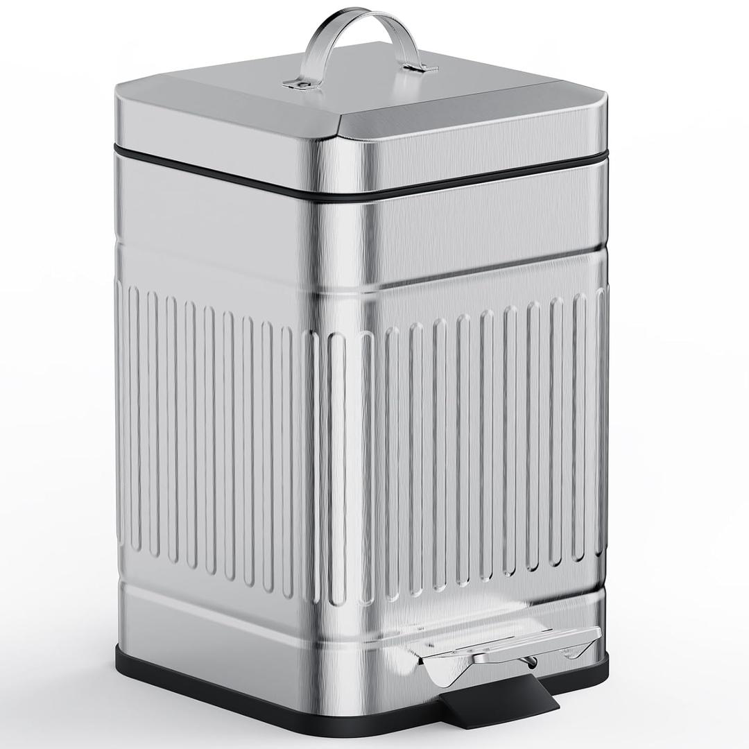 CEROELDA Small Trash Can with Lid-5L/1.3 Gal,Outdoor Dog Poop Garbage Can-Farmhouse Retro Metal Waste Bin w/Step Pedal for Bathroom Bedroom Office-Soft Close-Galvanized Steel (1.3 Gallons)