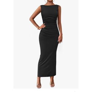 PRETTYGARDEN Women's 2026 Summer Semi Formal Midi Dresses Sleeveless Ruched Bodycon Long Elegant Cocktail Wedding Guest Dress S