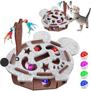 Interactive Felt Cat Maze Box with Cartoon Mouse-Shaped Post Puzzle ExerciseHide Seek Moving Toy for Cats, Mental Enrichment Self-Play Toy Encourages Hunting Instincts with 4 Balls (Gray)