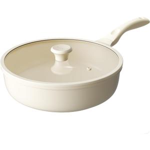 Redchef Ceramic Frying Pan with Glass Lid, Nonstick Deep Saute Pan for All Stovetops, Healthy Cooking Pan, Ergonomic Handle, Fast Even Heating, Splatter Prevention, Oven Safe, Beige (5.2Qt, 12")