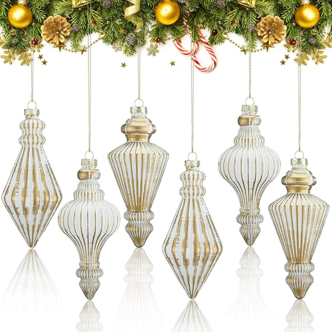 PullCrease 5 Pcs 5.7 inch Mercury Glass Finial Christmas Ornament Rustic Finial Vintage Ornaments Xmas Glass Mercury Hanging Decor Christmas Tree Decoration for Holiday Farmhouse(Gold White)