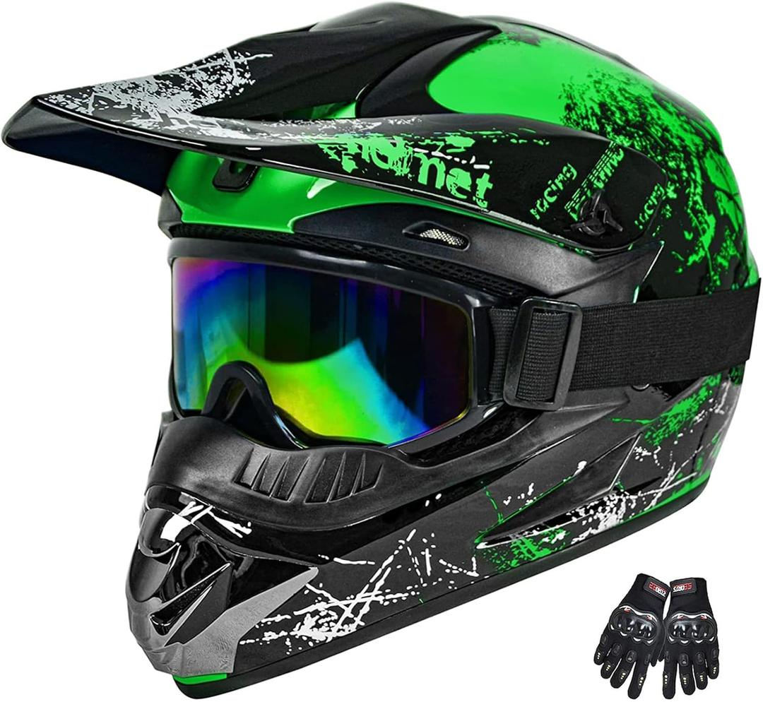 ATV Youth Kids Motocross Helmet for 4 Wheeler Dirt Bike Street Riding with DOT FMVSS 218 (Green, L)