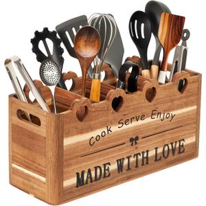 Kitchen Utensil Holder, Large Acacia Wood Organizer for Countertop | Extra Large Farmhouse Style with 4 Compartments, Rustic Wooden Storage for Cooking Tools & Cutlery