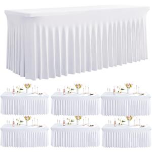 Outpain 6Pack White Spandex Table Clothes for 6 Foot Rectangle Tables-6FT Wrinkle Free Fitted Tablecloths with Skirt for Parties, Wedding, Birthday, Banquet, Festival