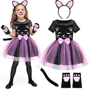 Girls Cat Costume Kids Toddler Kitty Dress Costumes Accessories Cat Ears Headband Gloves Tail Halloween Dress Up Cosplay (140 (8-10Y)