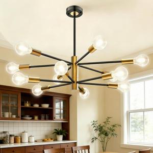 Modern Chandelier, 12-Light Sputnik Ceiling Light Fixture, Mid Century Height Adjustable Sputnik Chandeliers for Dining Room, Kitchen Island, Living Room, Bedroom - Black and Gold
