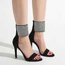 Women's High Heel Sandals Open Toe Ankle Tie Dressy Heeled Sandals for Prom, Party, Evening Events, 3.93 Inch Comfortable Thin Block Heels (12, Black Cloth)