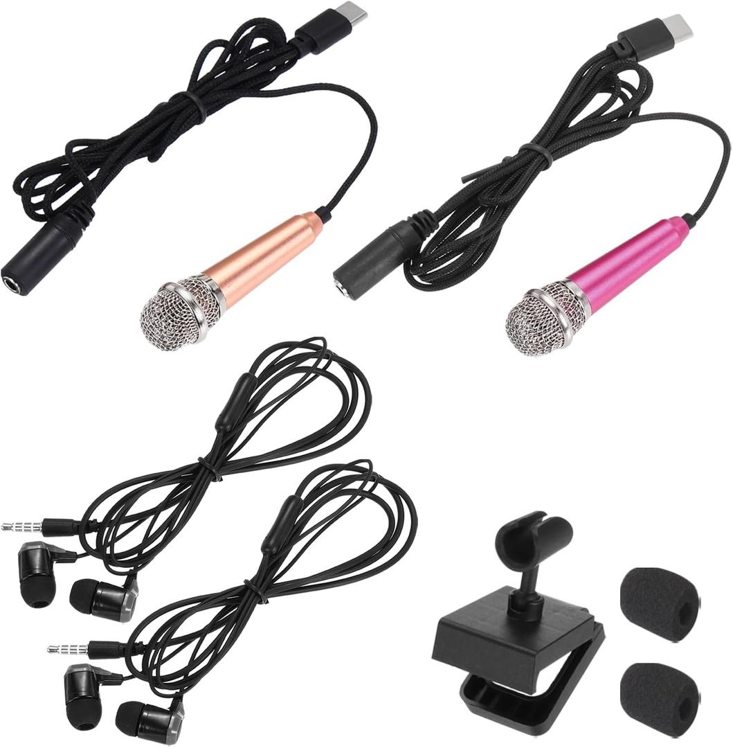 MECCANIXITY 2 Pcs Mini Microphone, Mini Mic Tiny Microphone Phone Type C Mic Small Microphone with Bracket, Sponge Cover, Earphones for Record Phone Voice, Gold/Hot Pink