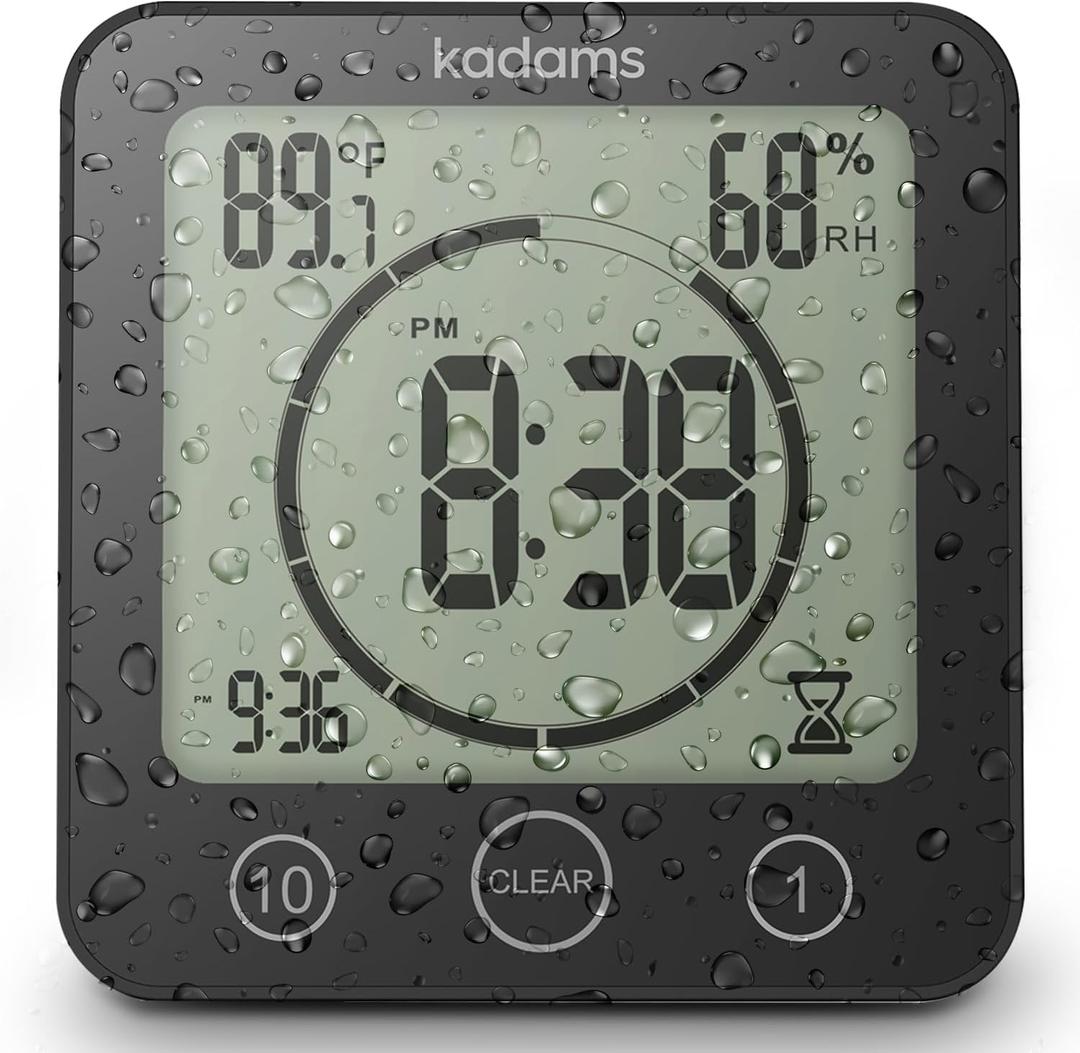 KADAMS Shower Clock Waterproof Bathroom Timer  Digital Wall Clock with Countdown, Magnetic Kitchen Clock with Temperature & Humidity, Suction Cup for Kids Shower Spa Cook Bath (Black)
