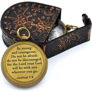 Be Strong and Courageous (Joshua 1:9) Brass Compass with wooden Box-Engraved Scripture Prayer Compass Religious Gift for Men & Women - Baptism, Confirmation, Communion Compass for Boys Graduation Gift