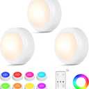 LED Puck Lights with Remote Control, 16 Color Changing Under Cabinet Lighting with Dimmer & Timer, AAA Battery Operated,Under for Closet Bedroom Kitchen, Stair (3 Pack White)
