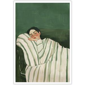 Contemporary Woman Lying on Couch Wall Art Eclectic Emerald Green Posters Minimalist Stripe Decor Modern People Canvas Prints Boho Feminist Aesthetic for Large Living Room Bedroom 12x16in Unframed