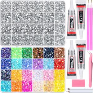 40000Pcs Resin Rhinestones with B7000 Jewelry Glue for Crafting, Rainbow Bedazzling Crystals Flat Back Gems with Craft Adhesive for DIY Graduation Cap Clothes Tumblers Shoes Nails and Face (2mm-6mm)