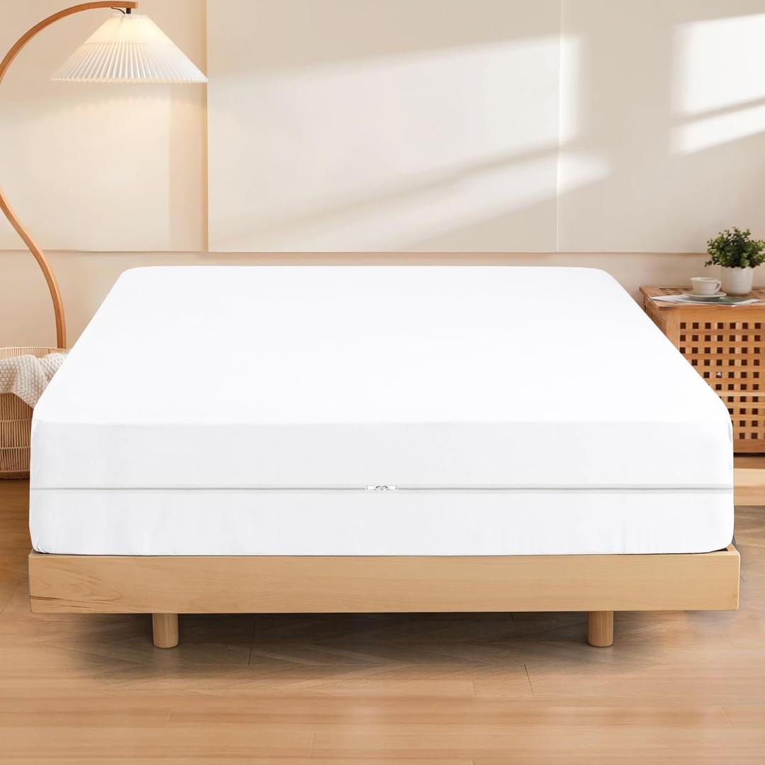 Zipper Fitted Sheet Queen Size 10 Inch Deep Pocket Bottom Sheet 100% Egyptian Cotton 600 Thread Count Hotel Quality Zipper Mattress Cover 1 Fitted Sheet Only Queen 60 x 80 Inch White