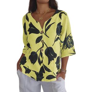 Womens 3/4 Length Sleeve Tops Dressy Casual V Neck Boho Floral Print Summer Blouses Shirts (Yellow, S)