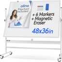 Oline Mobile Whiteboard 48 x 36 Inch Large Height Adjust 360 Magnetic Rolling Double Sided Reversible Dry Erase Board