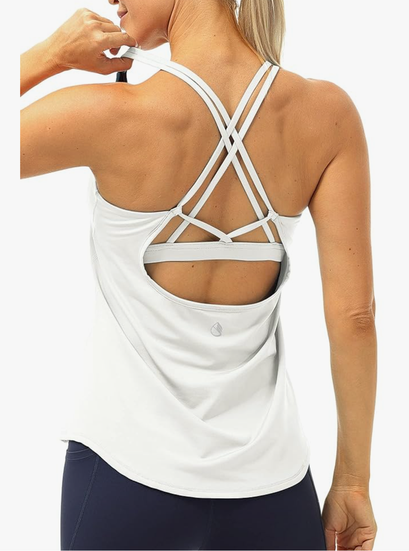 icyzone Workout Tank Tops Built in Bra - Women's Strappy Athletic Yoga Tops, Running Exercise Gym Shirts L